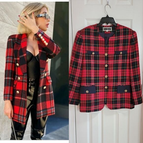 Vintage Plaid/Gold Bottons Blazer 14 - Picture 1 of 9